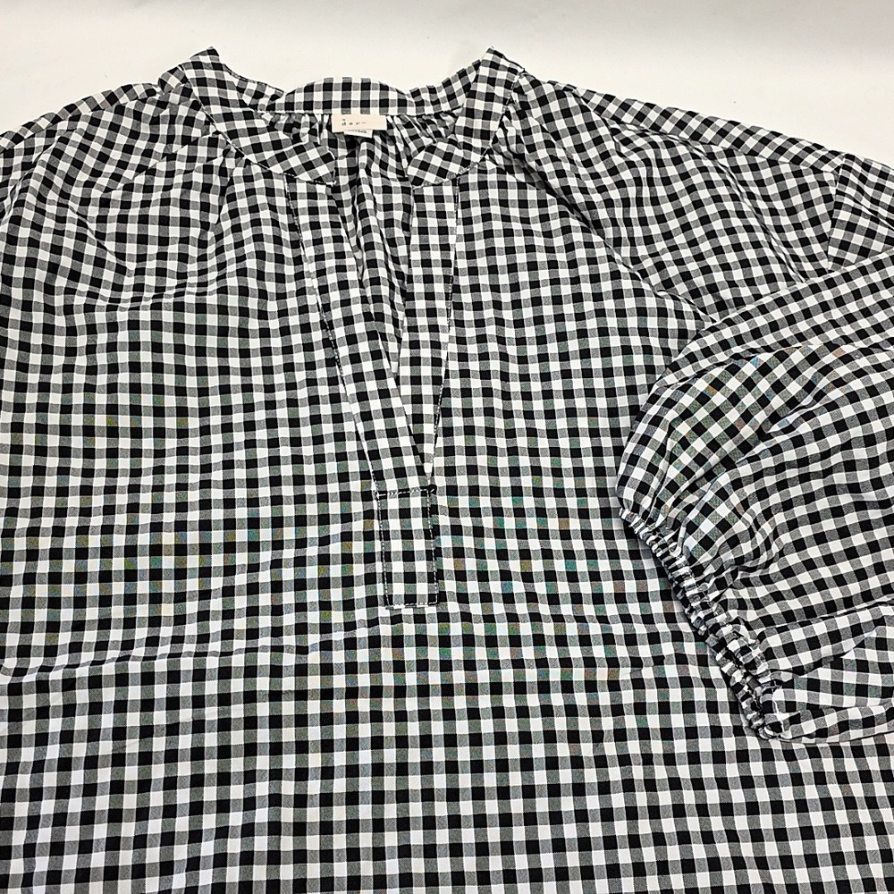 A New Day Blouse Womens XXL Black White Gingham Split Neck Balloon Sleeve Picnic